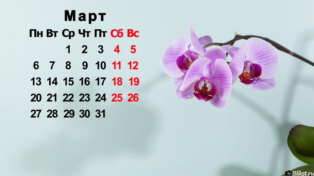 заставка с календарем на март